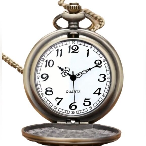 Pocket Chain Watch Mustang Car Flip Open Bronze Tone Quartz Second Hand - Picture 3 of 16